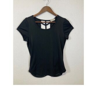 Full Circle Trends Black Ribbed Cutout Back T-Shirt Top Women Large